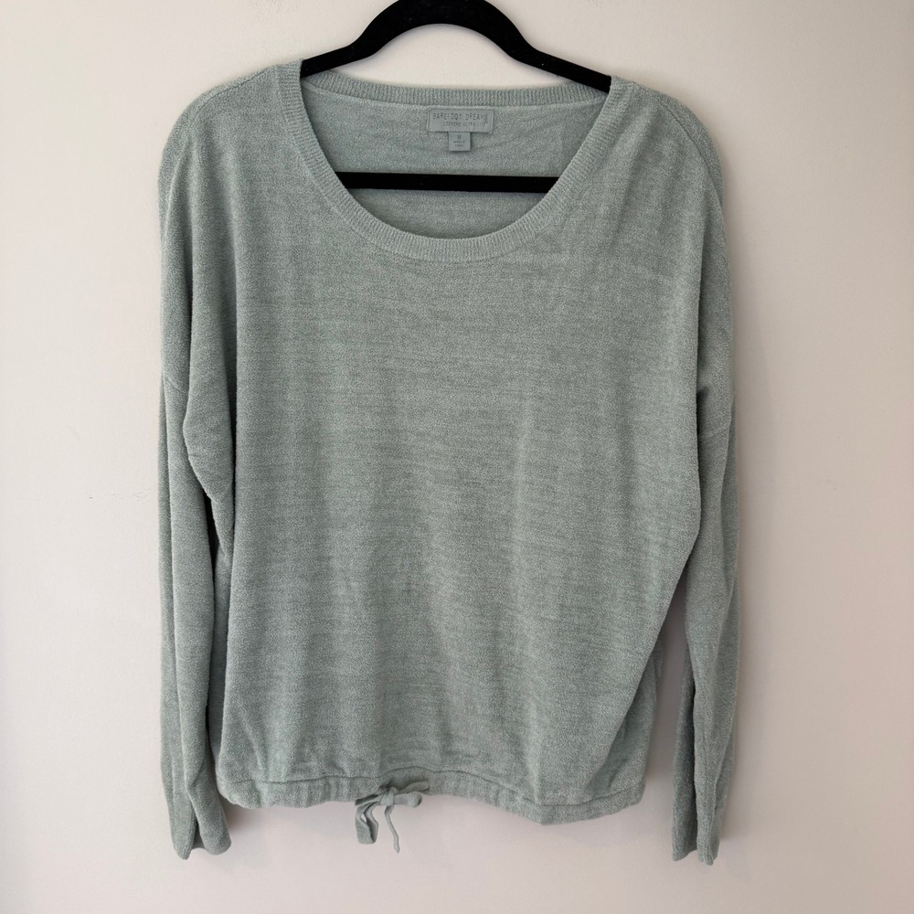 Barefoot Dreams CozyChic Ultra Lite Sage Green Drawstring Pullover Sweater M 495